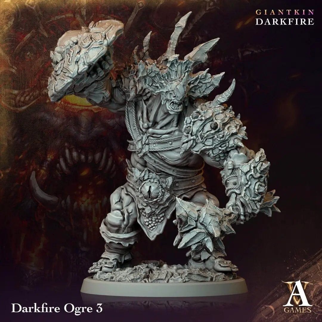 3D printed Darkfire Ogre model by Last Hope Miniatures for Archvillain Games, featuring detailed sculpting and dynamic pose