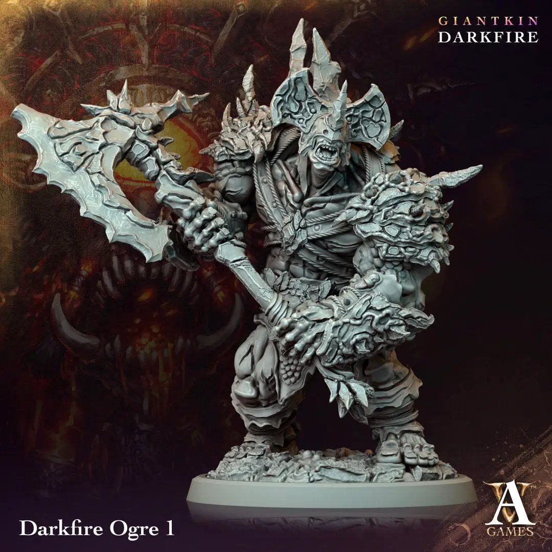3D printed Darkfire Ogre model by Archvillain Games, created by Last Hope Miniatures, showing detailed dark fantasy creature.