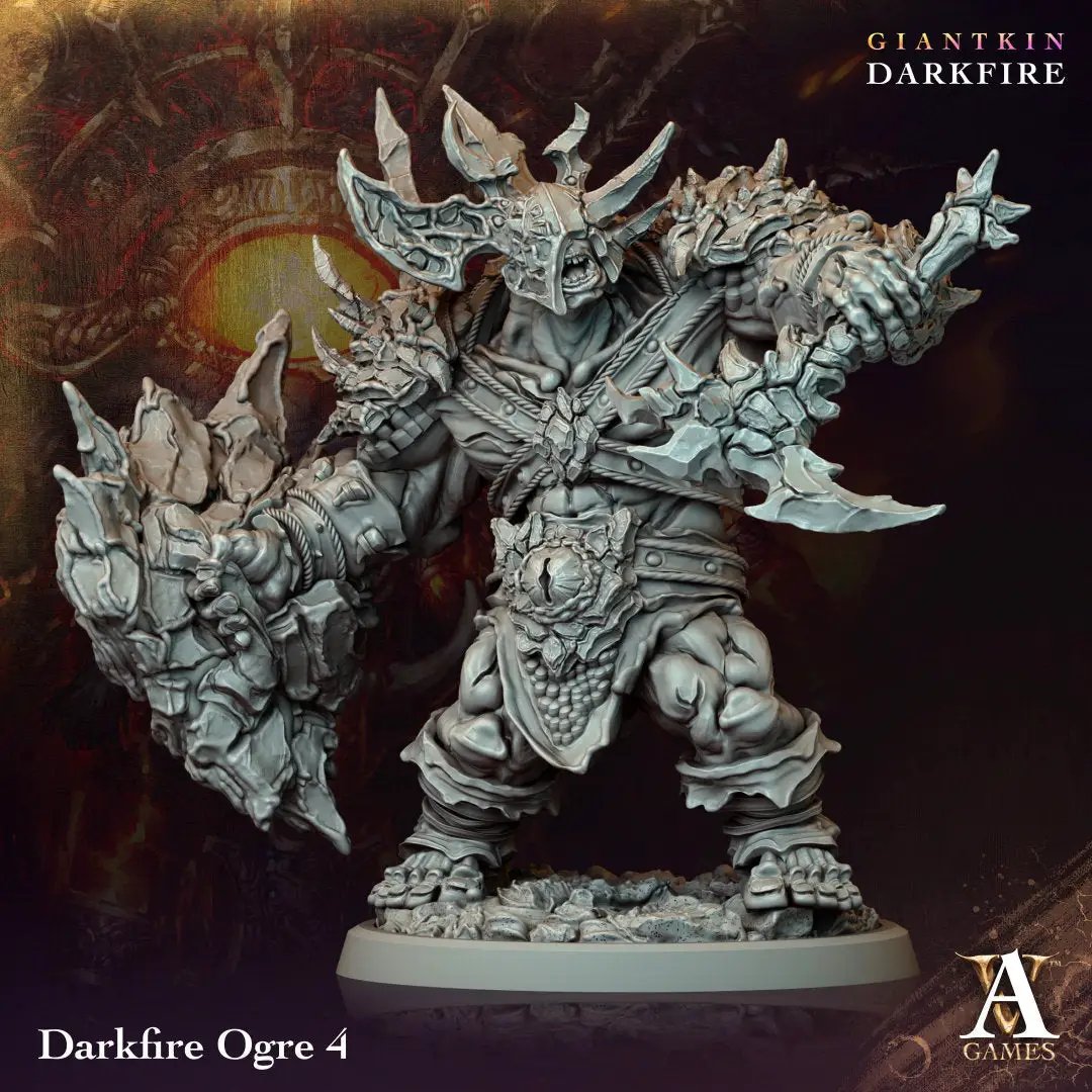3D printed Darkfire Ogre model by Last Hope Miniatures for Archvillain Games, featuring detailed orc-like figure with fiery accents.
