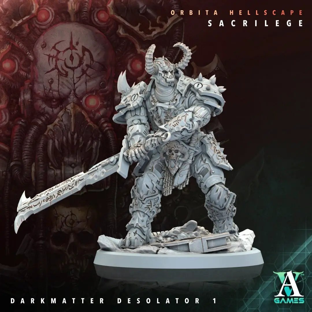 3D printed Darkmatter Desolator model by Last Hope Miniatures for Archvillain Games, detailed sci-fi miniature on a display base.