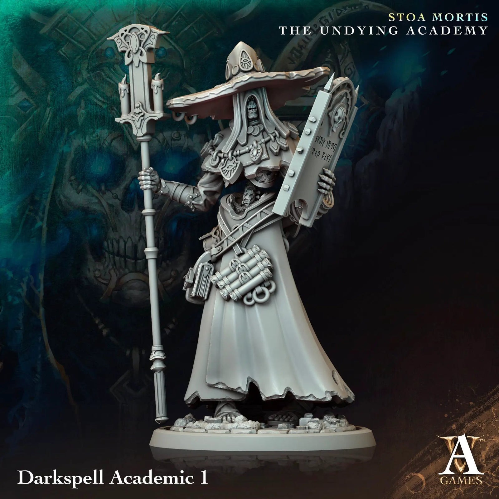 3D printed Darkspell Academic model by Last Hope Miniatures for Archvillain Games, featuring detailed fantasy character with robes and staff.