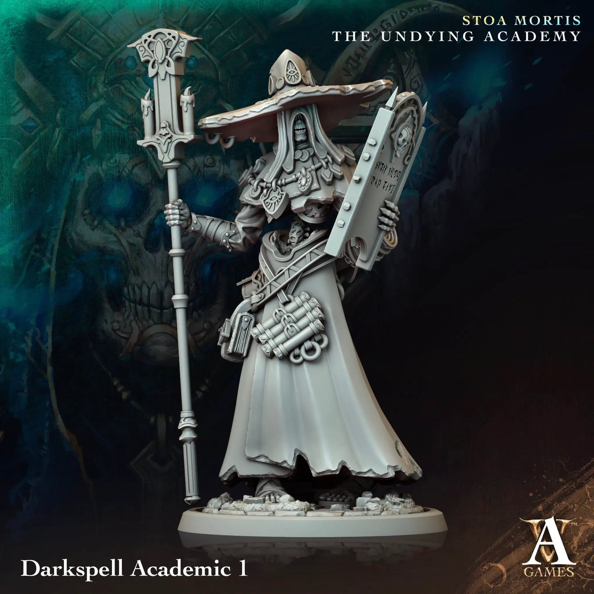 3D printed Darkspell Academic model by Last Hope Miniatures for Archvillain Games, featuring detailed fantasy character with robes and staff.