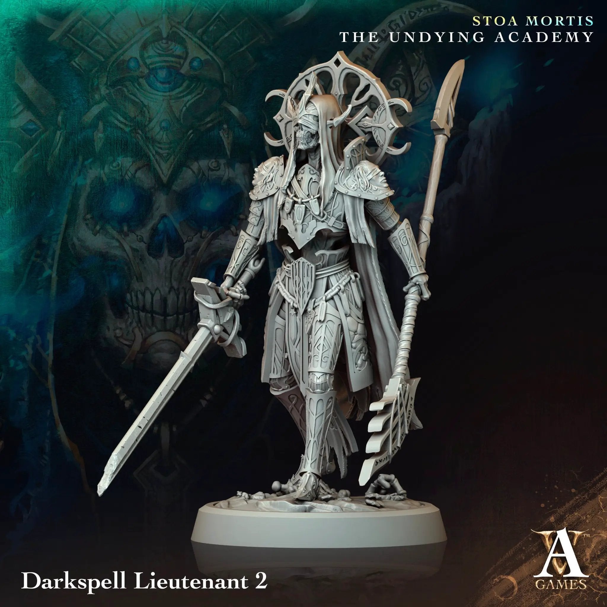 3D printed Darkspell Lieutenant model by Last Hope Miniatures for Archvillain Games, showing detailed fantasy character with dark armor.