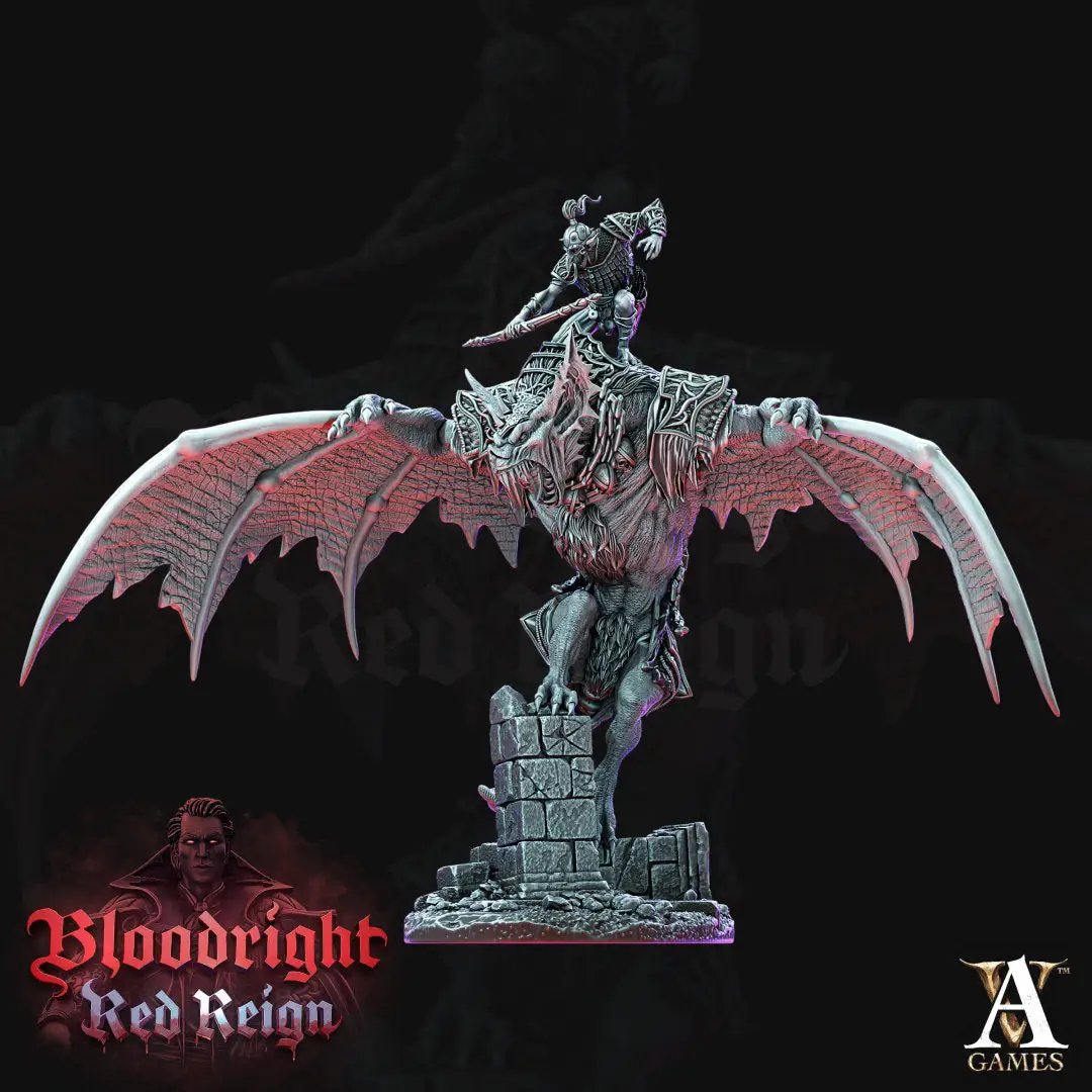3D printed Dire Bat Rider model by Last Hope Miniatures for Archvillain Games, featuring a detailed bat-themed warrior on a flying mount.