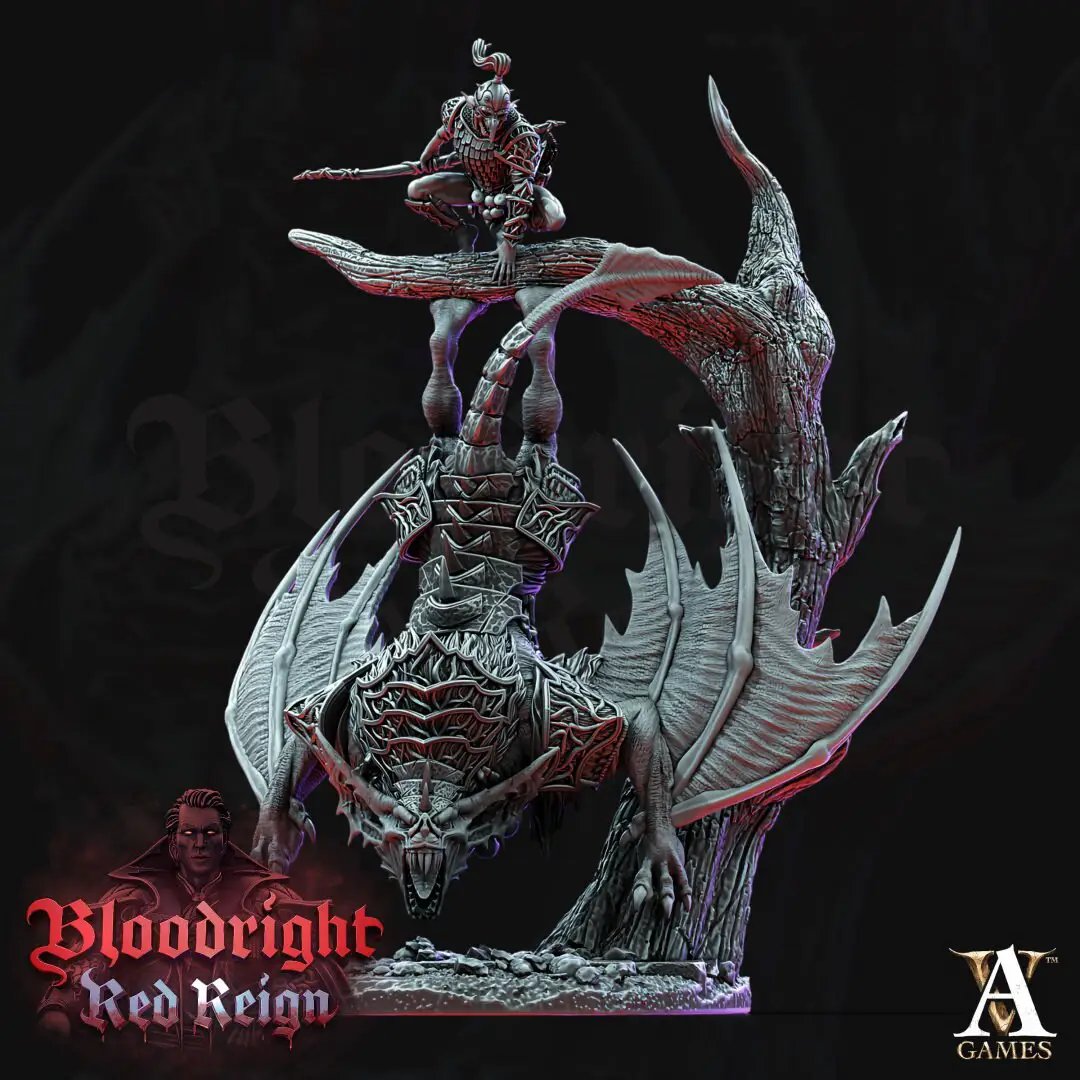3D printed Dire Bat Rider model by Last Hope Miniatures for Archvillain Games, featuring a detailed bat rider on a fierce creature.