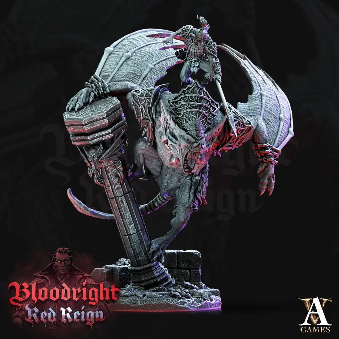 3D printed Dire Bat Rider model by Last Hope Miniatures for Archvillain Games, detailed miniature figure on a dark background.