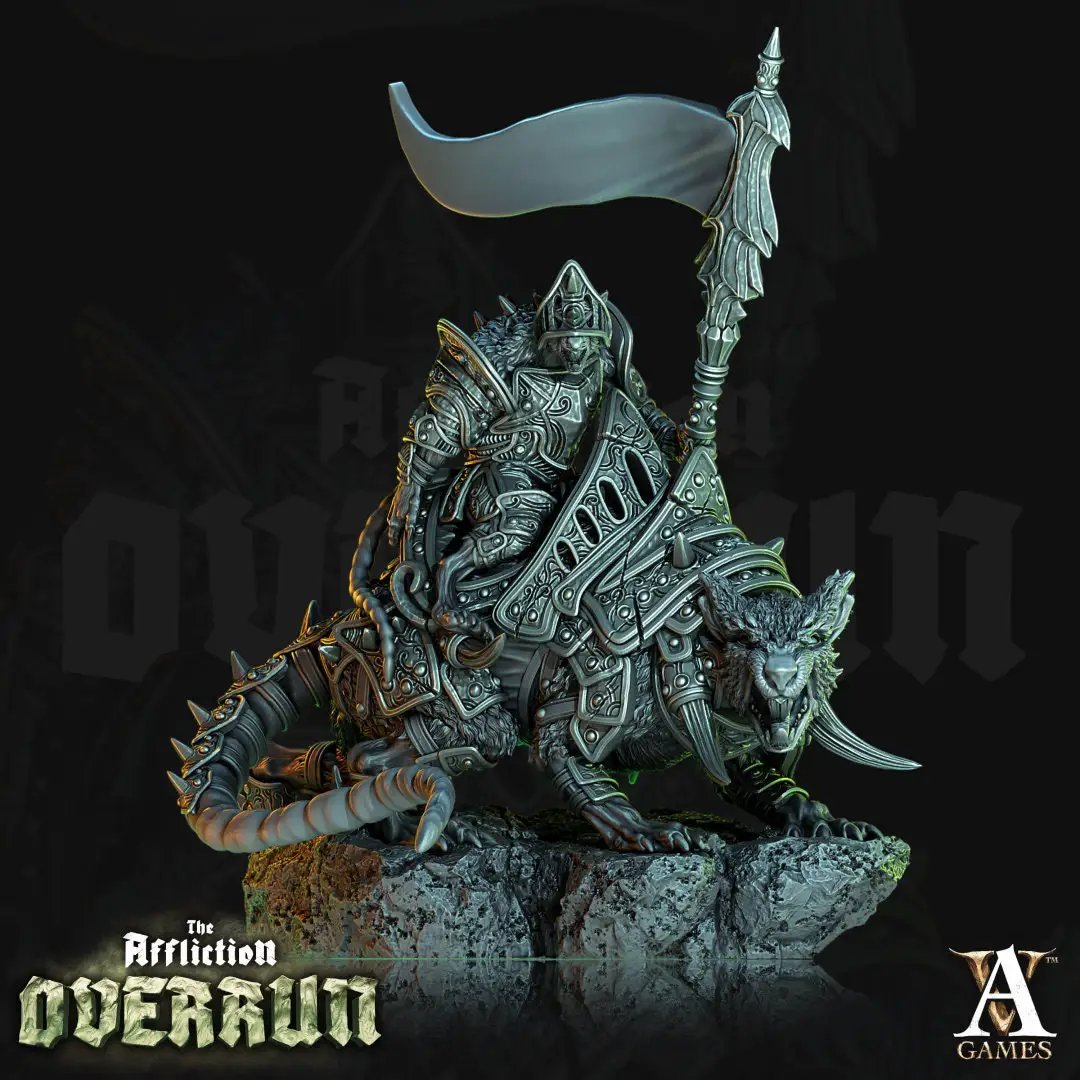 3D printed Dire Rat Rider model by Last Hope Miniatures, featuring a rat mounted on a detailed fantasy warrior figure.
