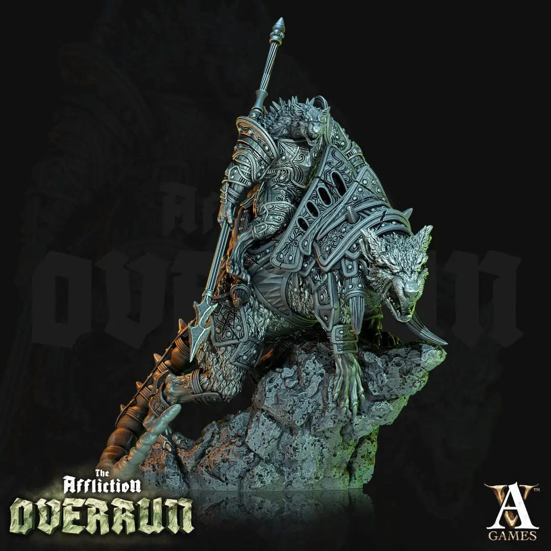 3D printed Dire Rat Rider model by Last Hope Miniatures, featuring a detailed rat figure mounted on a rider with armor.