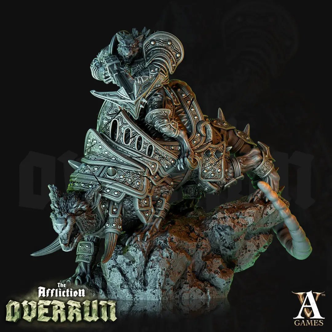 3D printed Dire Rat Rider model by Last Hope Miniatures for Archvillain Games, featuring a rat mounted on a detailed rider.