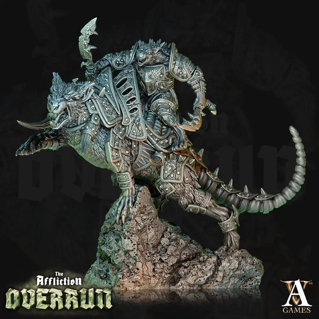 3D printed Dire Rat Rider model by Last Hope Miniatures for Archvillain Games, detailed rat mounted on a rider, ready for tabletop gaming.