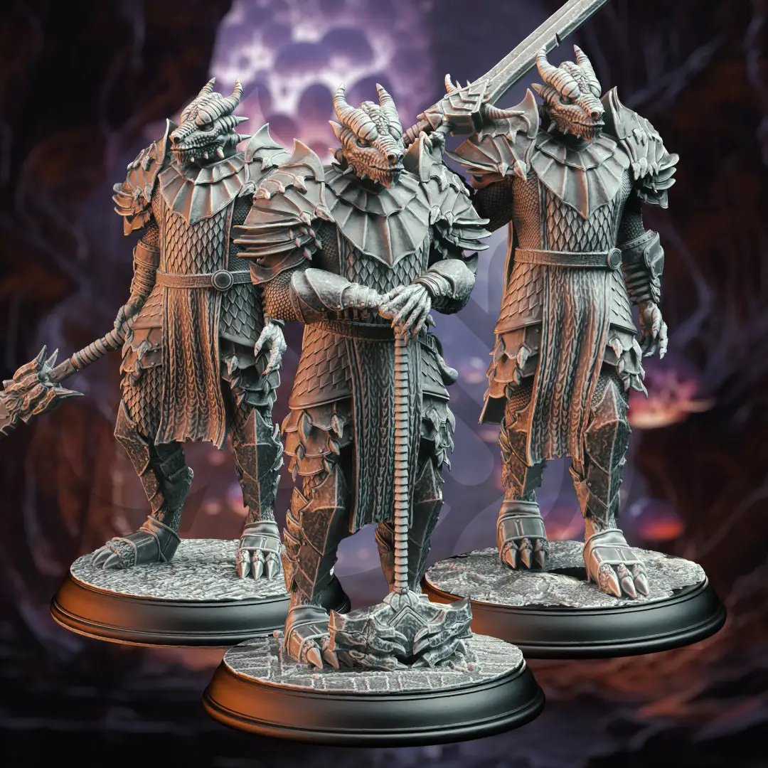 3D printed Dragonborn Warrior model by Last Hope Miniatures from DM Stash, showcasing detailed scales and warrior armor.