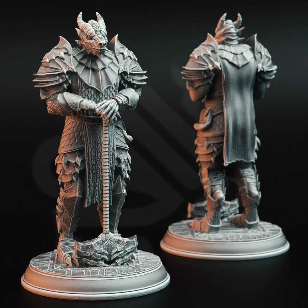 3D printed Dragonborn Warrior model by Last Hope Miniatures, detailed fantasy figure from DM Stash collection.