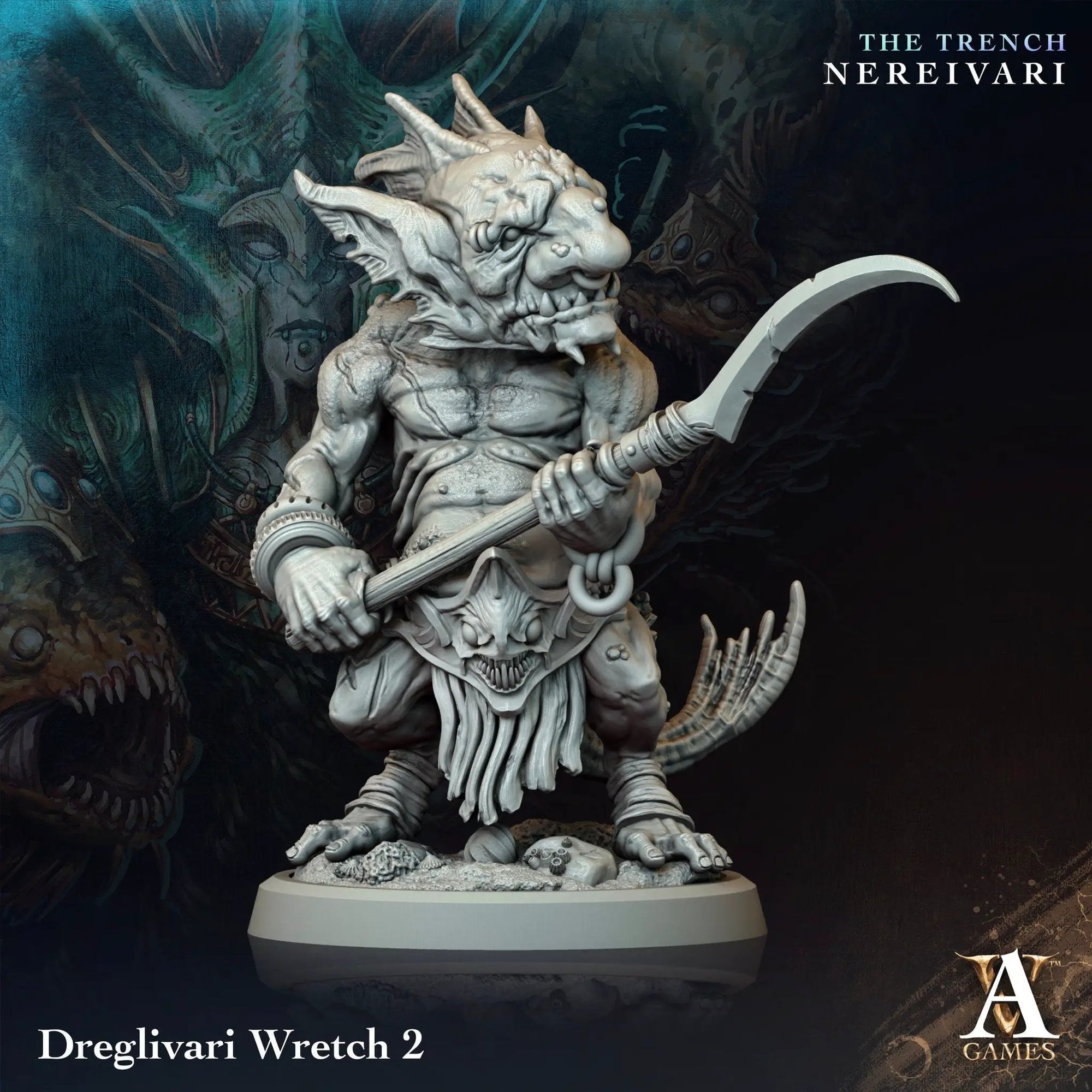 3D printed Dreglivari Wretch goblin model by Archvillain Games, shown in detailed green resin with intricate sculpting.