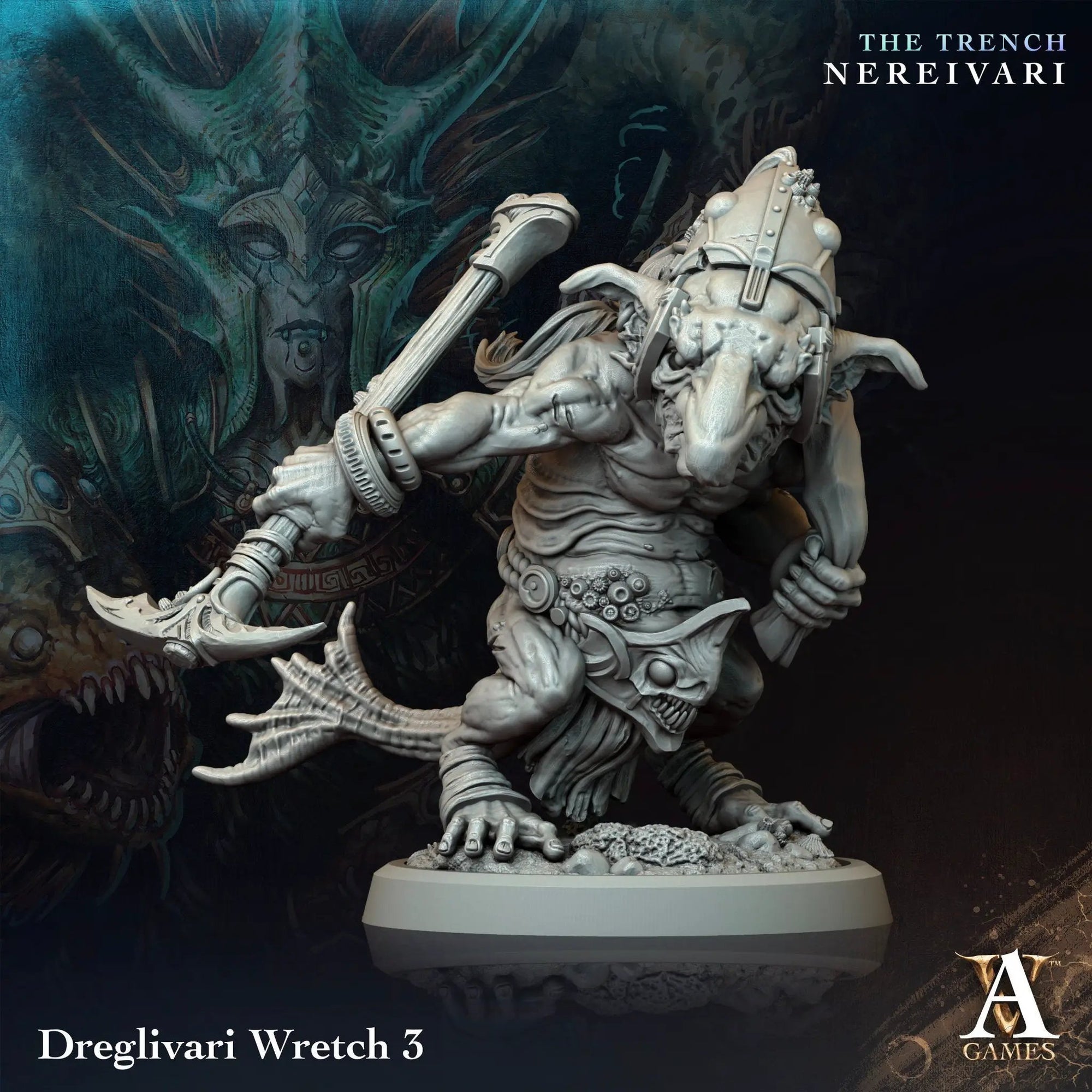 3D printed Dreglivari Wretch goblin model by Last Hope Miniatures, featuring detailed green goblin with armor and weapon.
