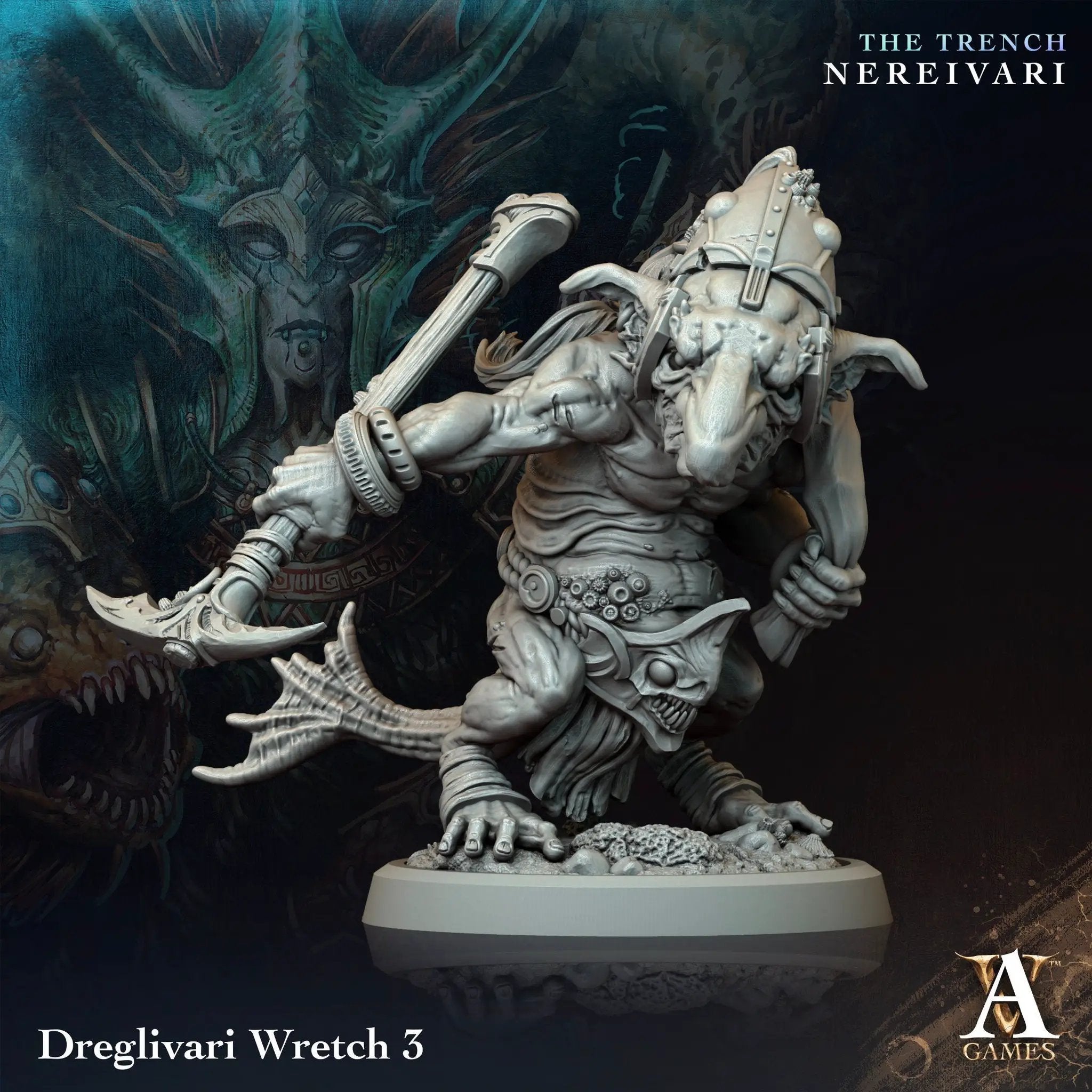 3D printed Dreglivari Wretch goblin model by Last Hope Miniatures, featuring detailed green goblin with armor and weapon.