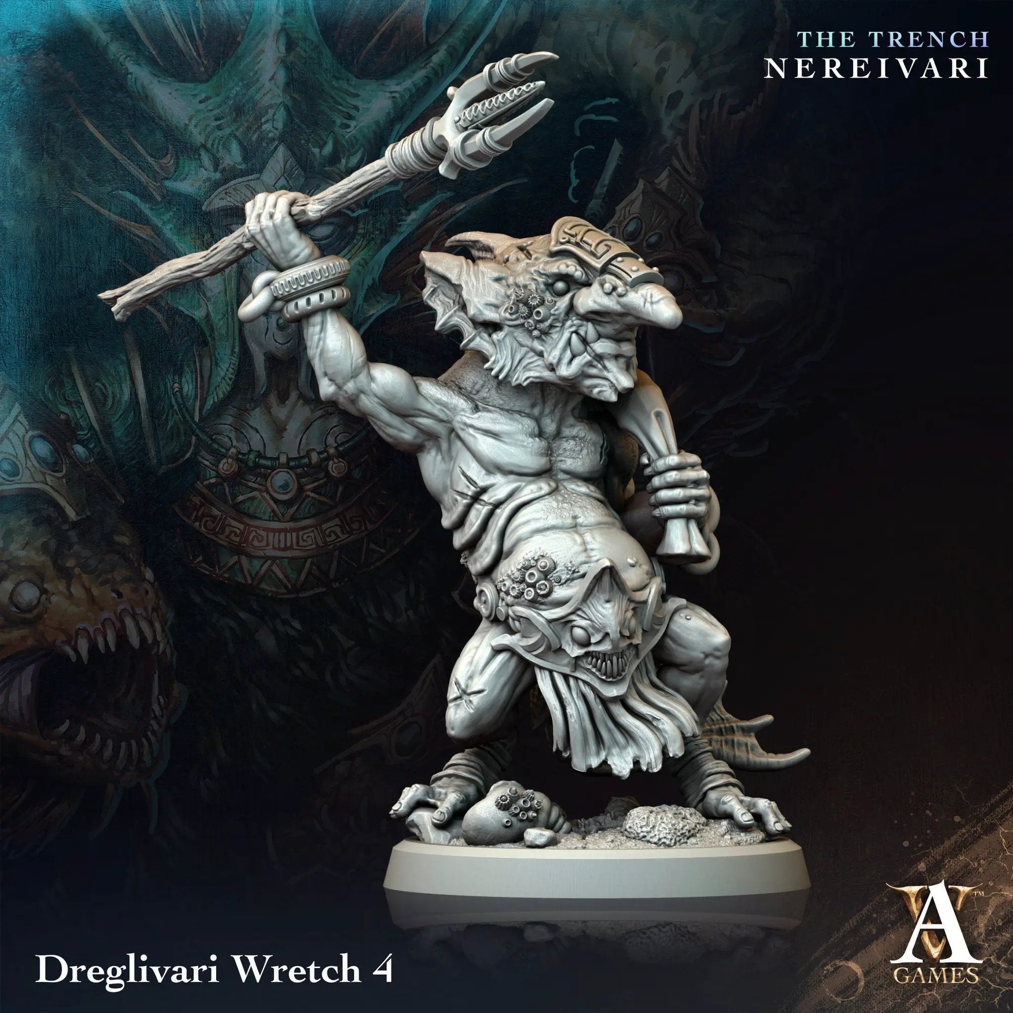 3D printed Dreglivari Wretch goblin model by Archvillain Games, displayed on a stand, from Last Hope Miniatures.