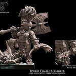 3D printed dwarf female berserker model by Last Hope Miniatures, detailed figure with armor and fierce stance, from Avatars of War.