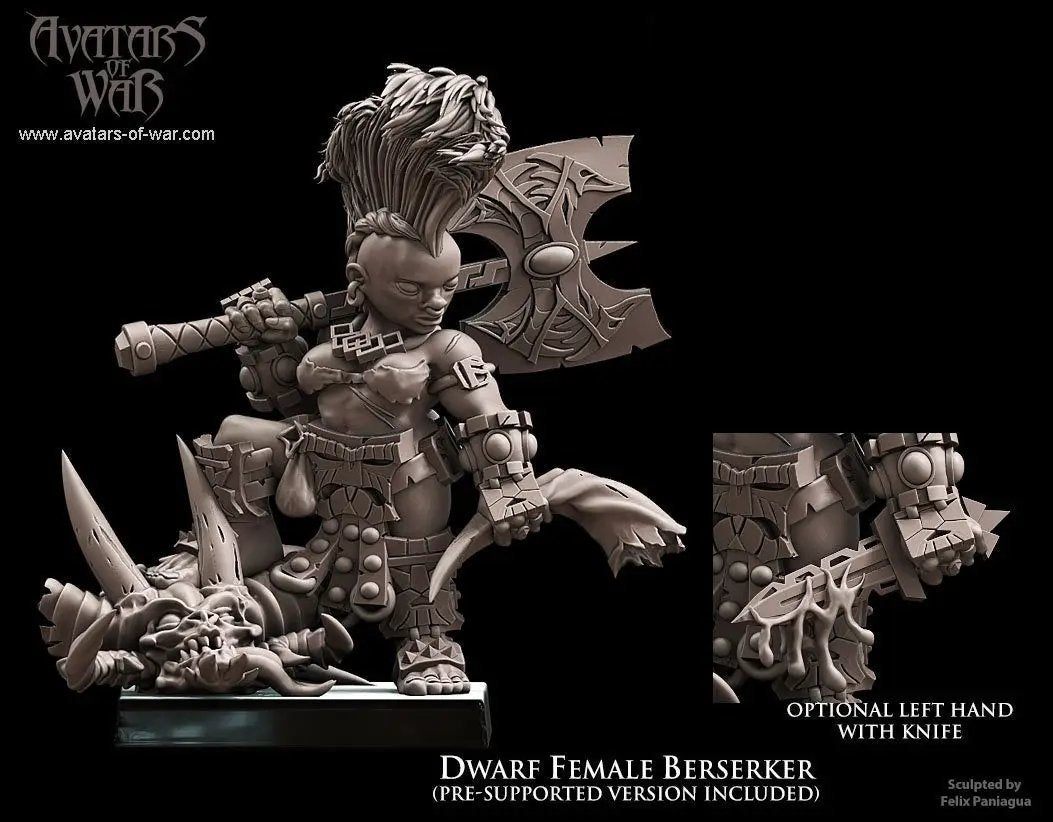 3D printed dwarf female berserker model by Last Hope Miniatures, detailed figure with armor and fierce stance, from Avatars of War.