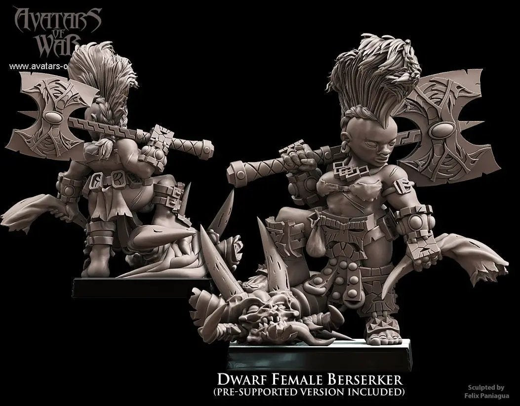 3D printed Dwarf Female Berserker model by Last Hope Miniatures, showcasing intricate armor and fierce stance from Avatars of War.