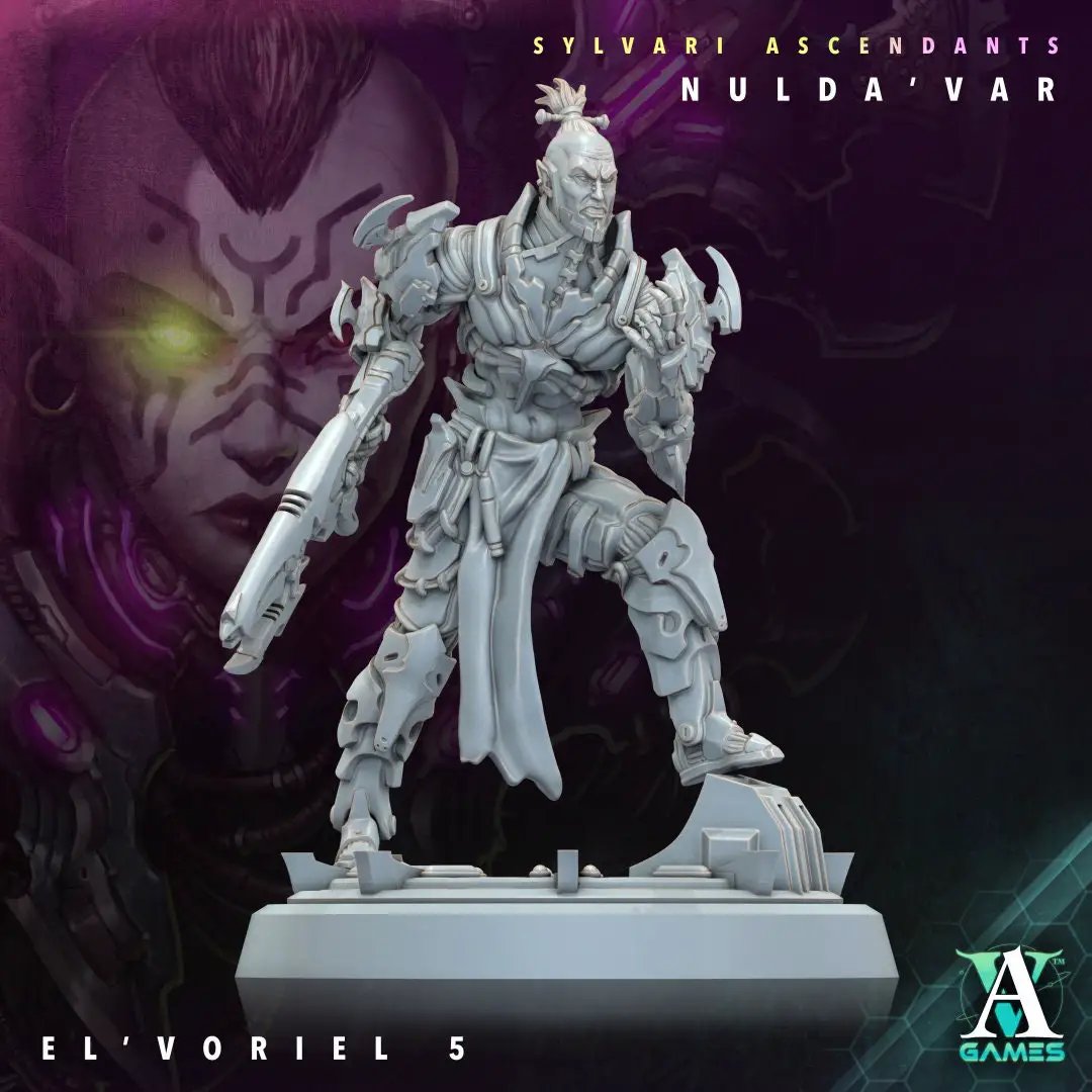 3D printed El'Voriel model by Last Hope Miniatures, detailed fantasy figure from Archvillain Games with intricate armor and weaponry.