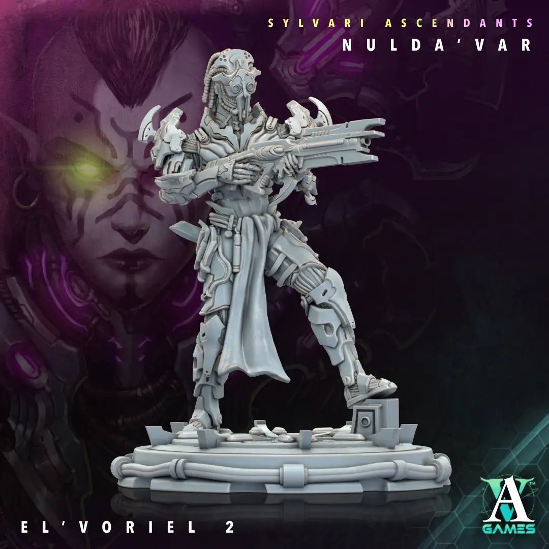 3D printed El'Voriel model by Last Hope Miniatures for Archvillain Games, detailed fantasy character miniature on a display base