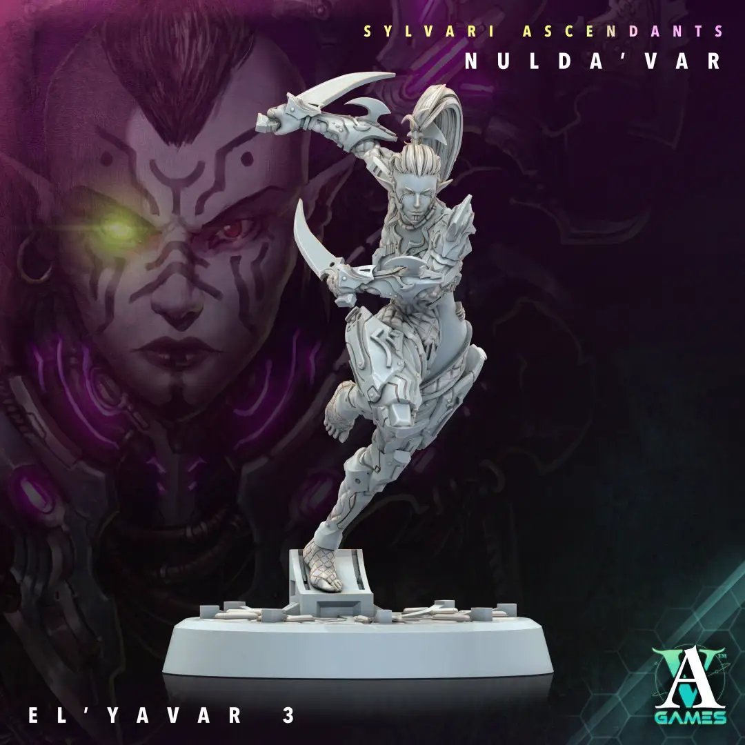 3D printed El'Yavar model by Last Hope Miniatures, detailed fantasy character from Archvillain Games, shown from a front angle.