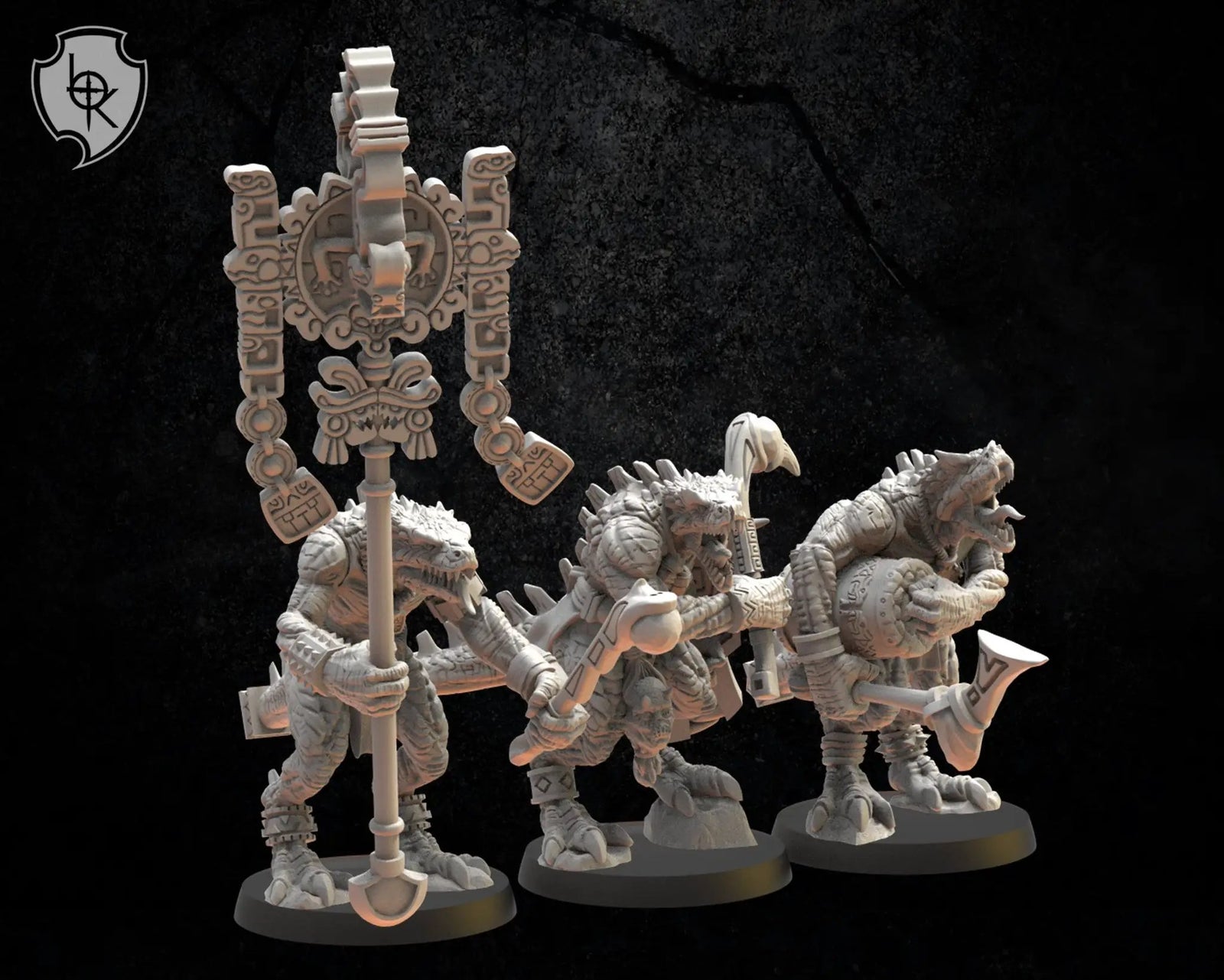 3D printed Ezocamtl Command Group model by Lost Kingdom Miniatures, featuring detailed figures in a dynamic pose.