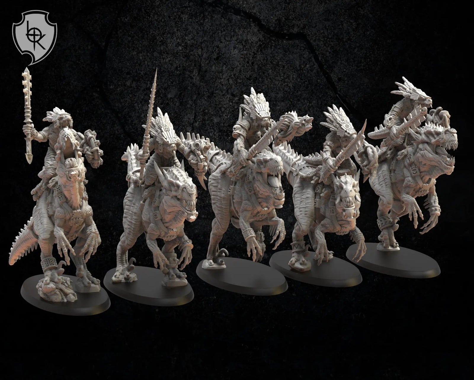 Set of five 3D-printed Knights models by Lost Kingdom Miniatures, designed for tabletop gaming by Last Hope Miniatures.