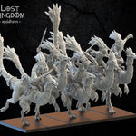 3D printed Gallillimus Kuaxotl Riders model by Last Hope Miniatures, featuring detailed dinosaur and rider figures from Lost Kingdom Miniatures.