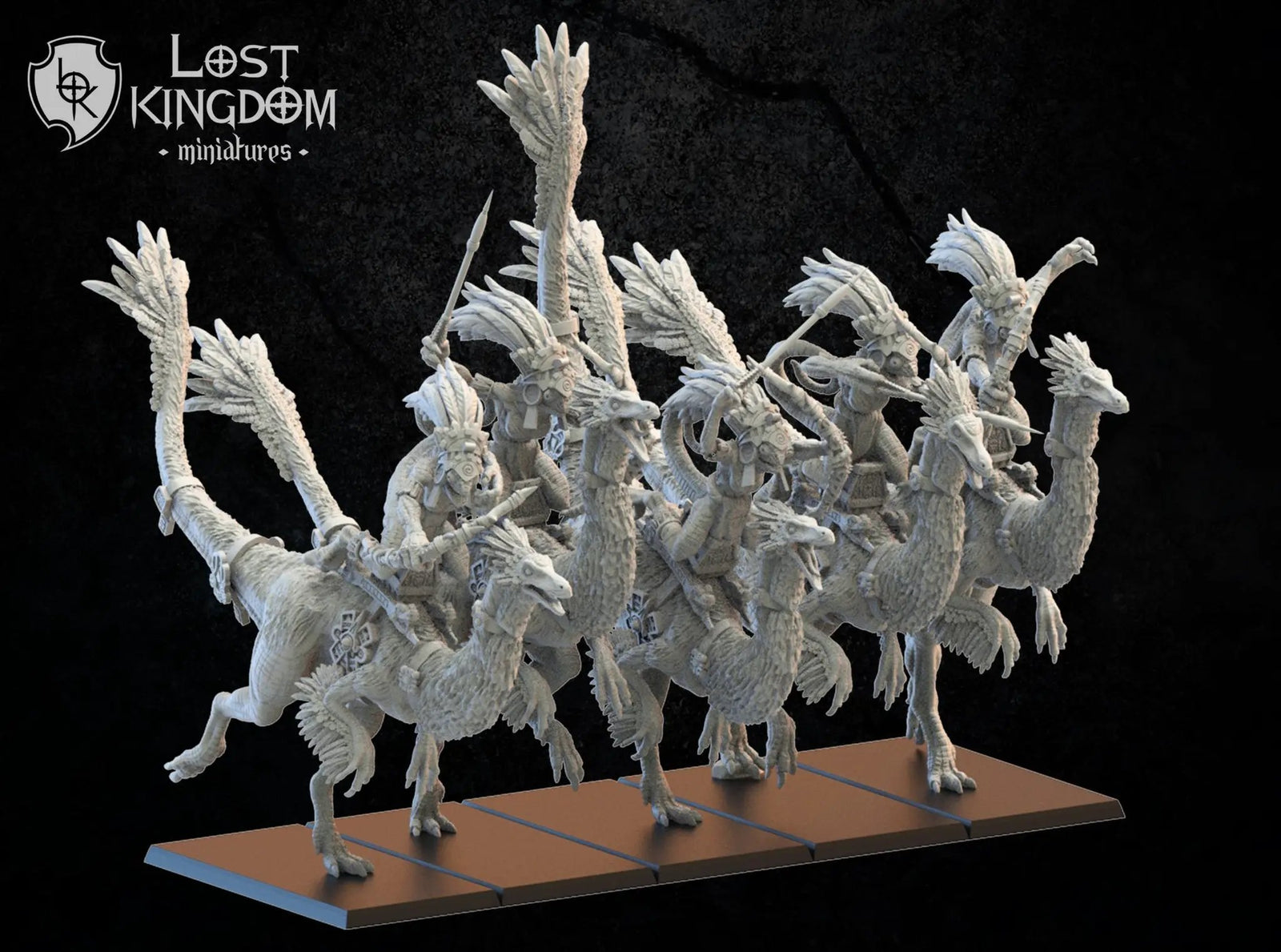 3D printed Gallillimus Kuaxotl Riders model by Last Hope Miniatures, featuring detailed dinosaur and rider figures from Lost Kingdom Miniatures.