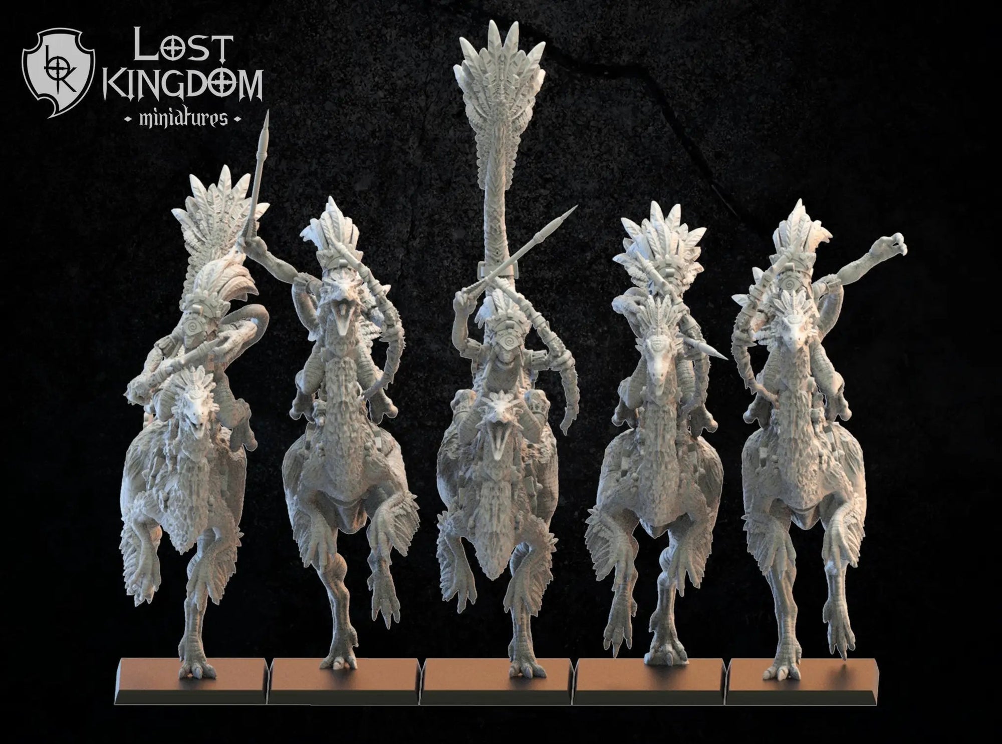3D printed Gallillimus Kuaxotl Riders model by Lost Kingdom Miniatures, featuring detailed fantasy creature figures by Last Hope Miniatures.