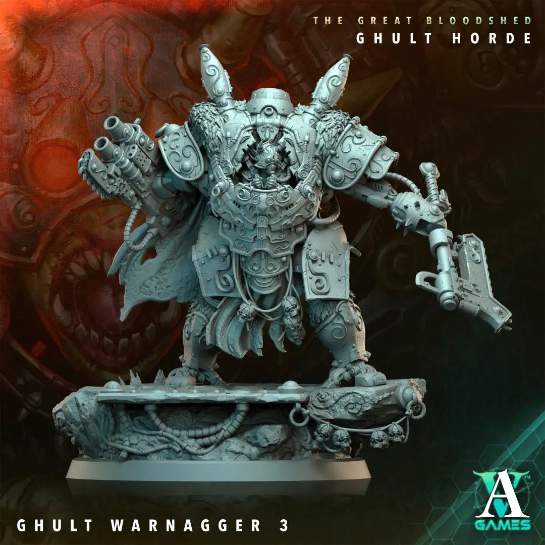 3D printed Ghult Warnagger model by Last Hope Miniatures, featuring detailed armor and weaponry from Archvillain Games.