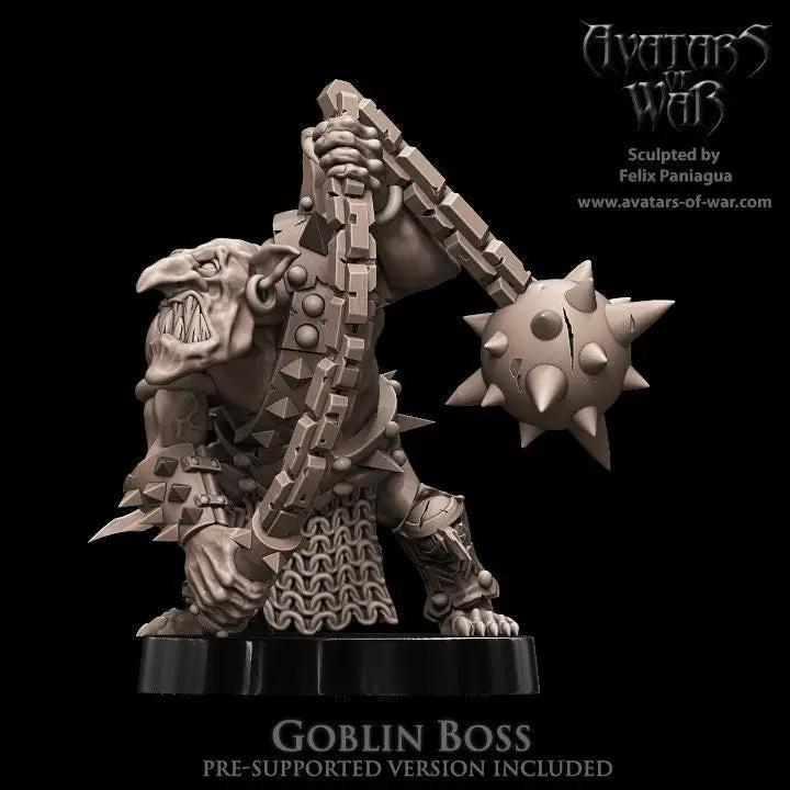 3D printed Goblin Boss model by Last Hope Miniatures for Avatars of War, featuring detailed goblin figure with weapons and armor.