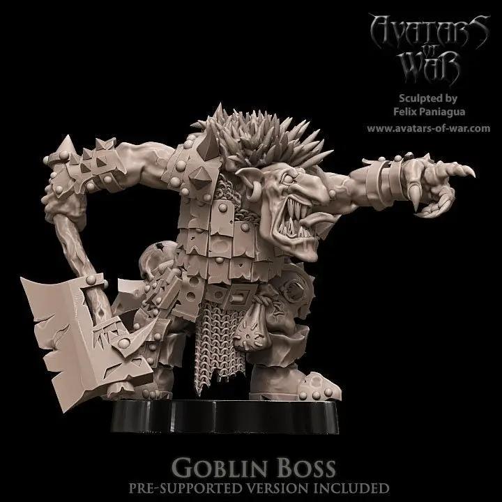 3D printed Goblin Boss model by Last Hope Miniatures for Avatars of War, featuring detailed goblin figure with weapons and armor.