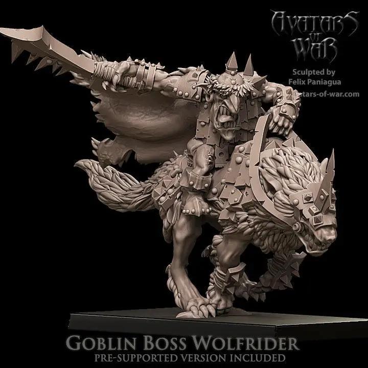 3D printed Goblin Boss Wolfrider model by Last Hope Miniatures for Avatars of War, featuring detailed goblin warrior with spear and armor.