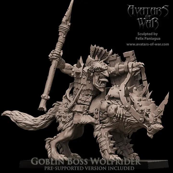 3D printed Goblin Boss Wolfrider model by Last Hope Miniatures, detailed fantasy orc warrior with spear and armor.