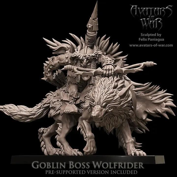 3D printed Goblin Boss Wolfrider model from Avatars of War, displayed on a stand with detailed green goblin features.