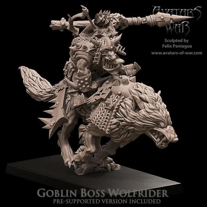 3D printed Goblin Boss Wolfrider model by Avatars of War, detailed miniature figure for tabletop gaming.