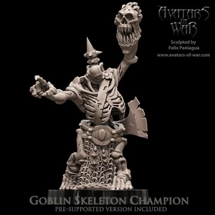 3D printed Goblin Skeletal Champion model by Avatars of War, detailed skeletal goblin warrior with armor and weapons, Last Hope Miniatures.