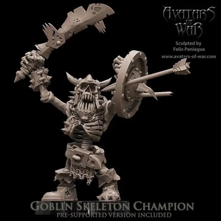 3D printed Goblin Skeletal Champion model by Avatars of War, detailed skeletal goblin figure for tabletop gaming.