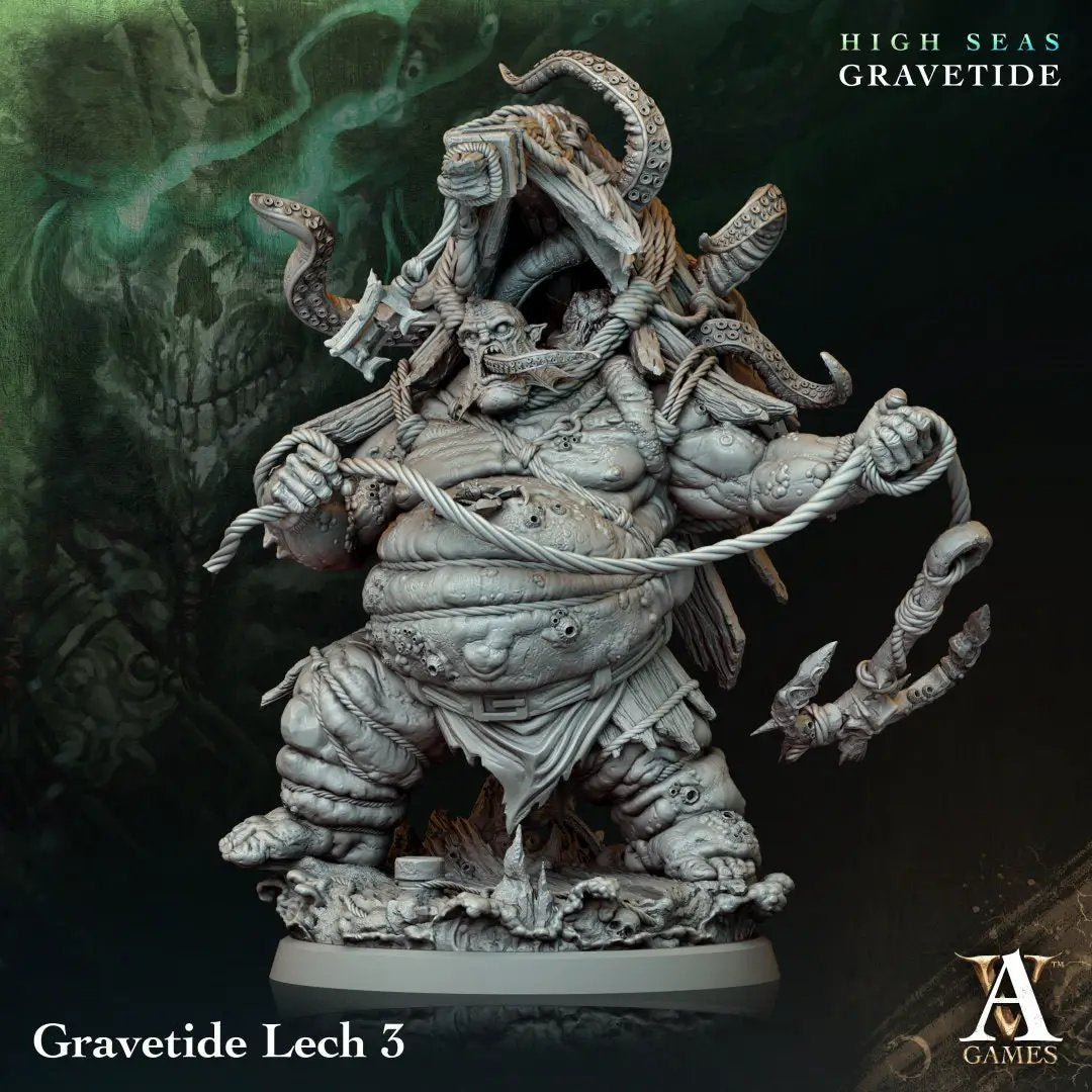 3D printed Gravetide Lech model by Last Hope Miniatures, showing detailed sculpt with textured surface and dynamic pose.