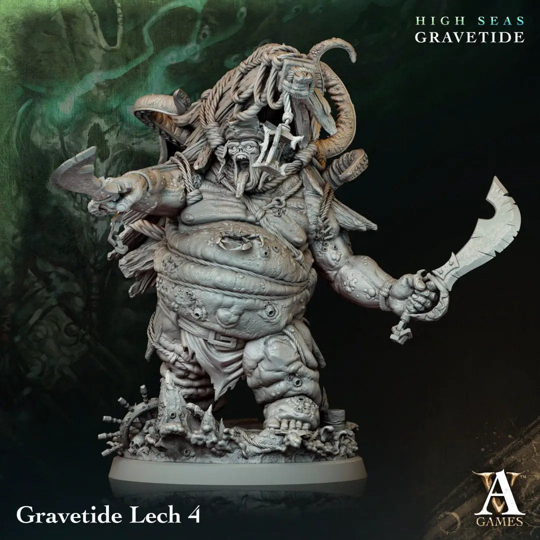 3D printed Gravetide Lech model by Last Hope Miniatures, detailed miniature figure from Archvillain Games.