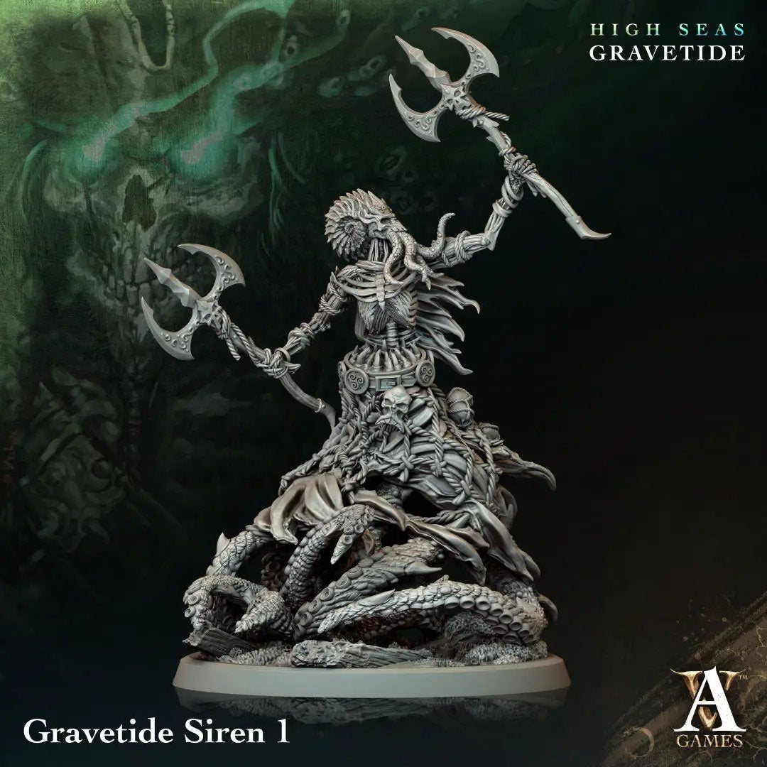 3D printed Gravetide Siren model by Last Hope Miniatures, detailed resin figure from Archvillain Games.