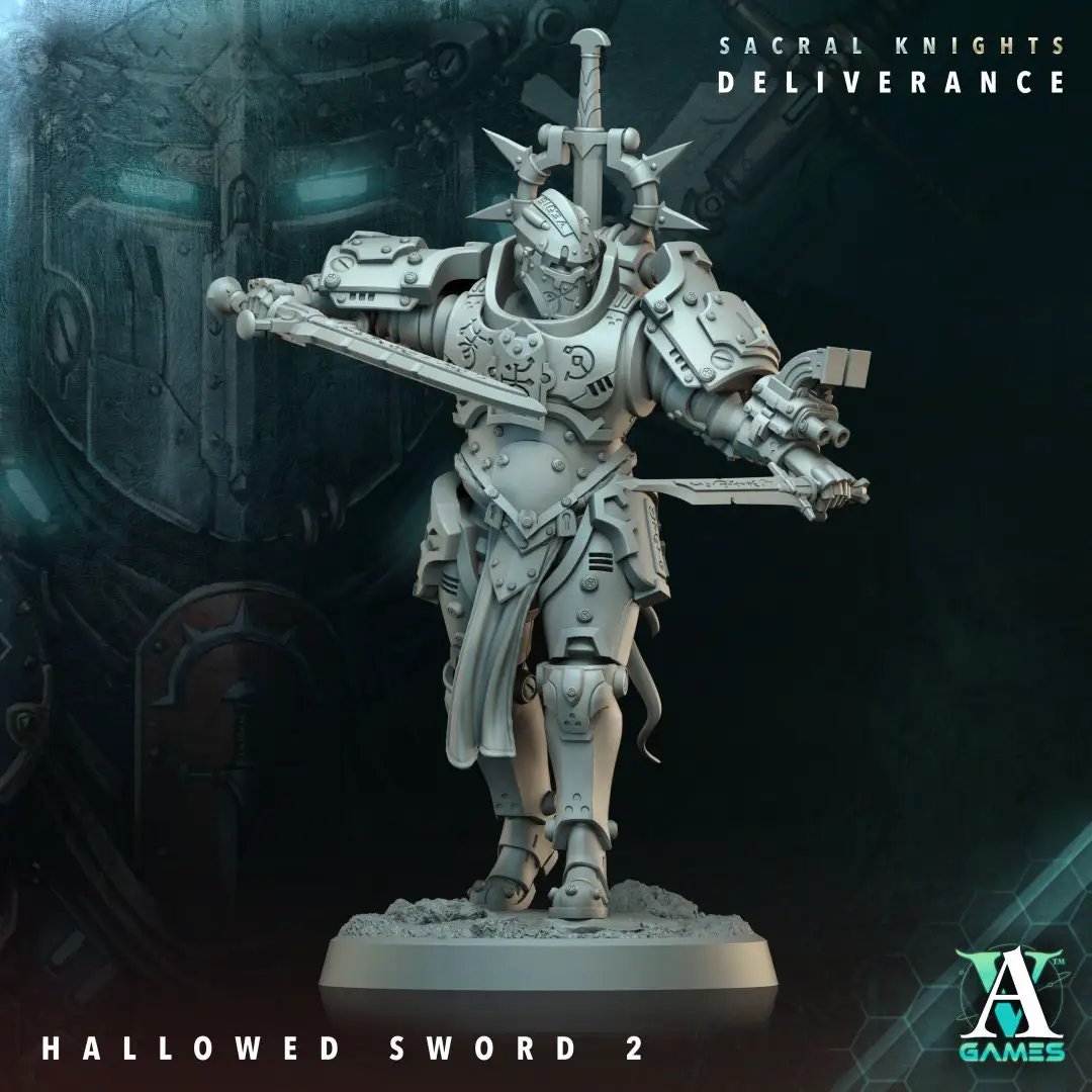 3D printed Hallowed Sword model by Archvillain Games, detailed miniature from Last Hope Miniatures, shown on a plain background.