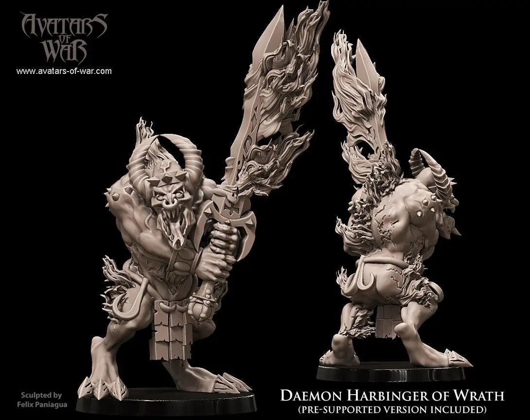 3D printed Harbinger of Wrath model by Avatars of War, displayed on a stand with detailed armor and weapon, from Last Hope Miniatures.