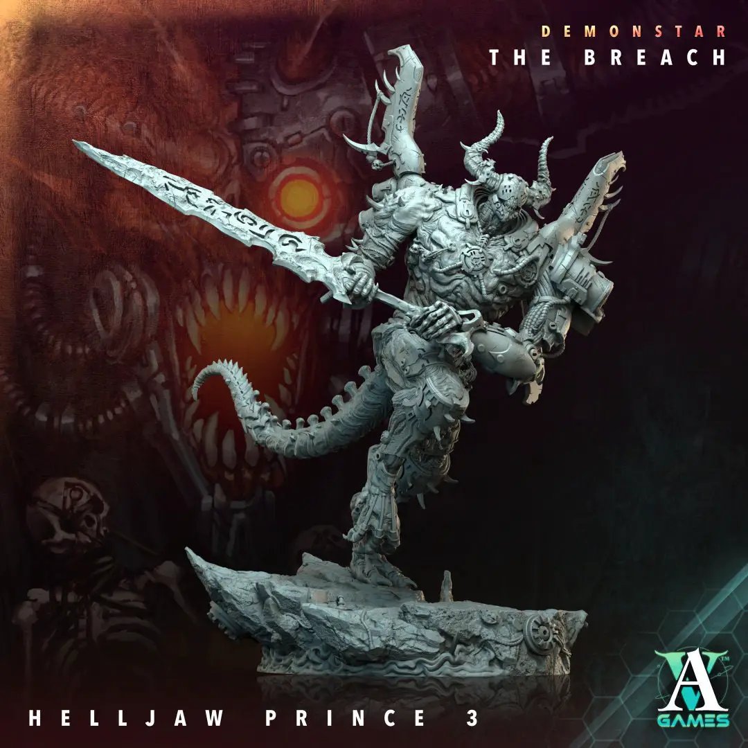 3D printed Helljaw Prince model by Last Hope Miniatures for Archvillain Games, featuring detailed sculpting and vibrant colors.