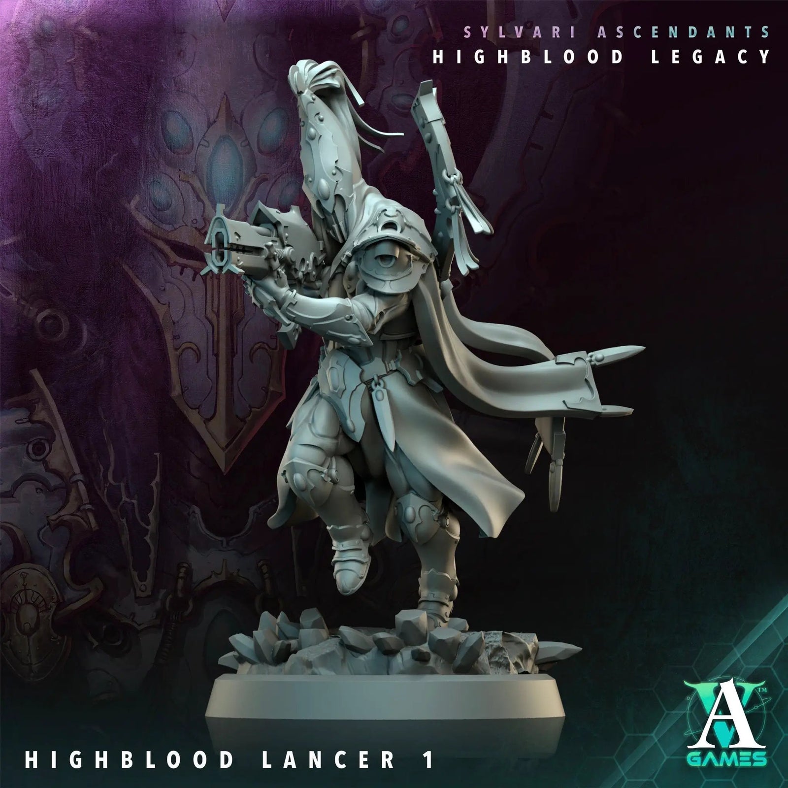3D printed Highblood Lancer model by Last Hope Miniatures, featuring a detailed fantasy warrior with spear and armor.