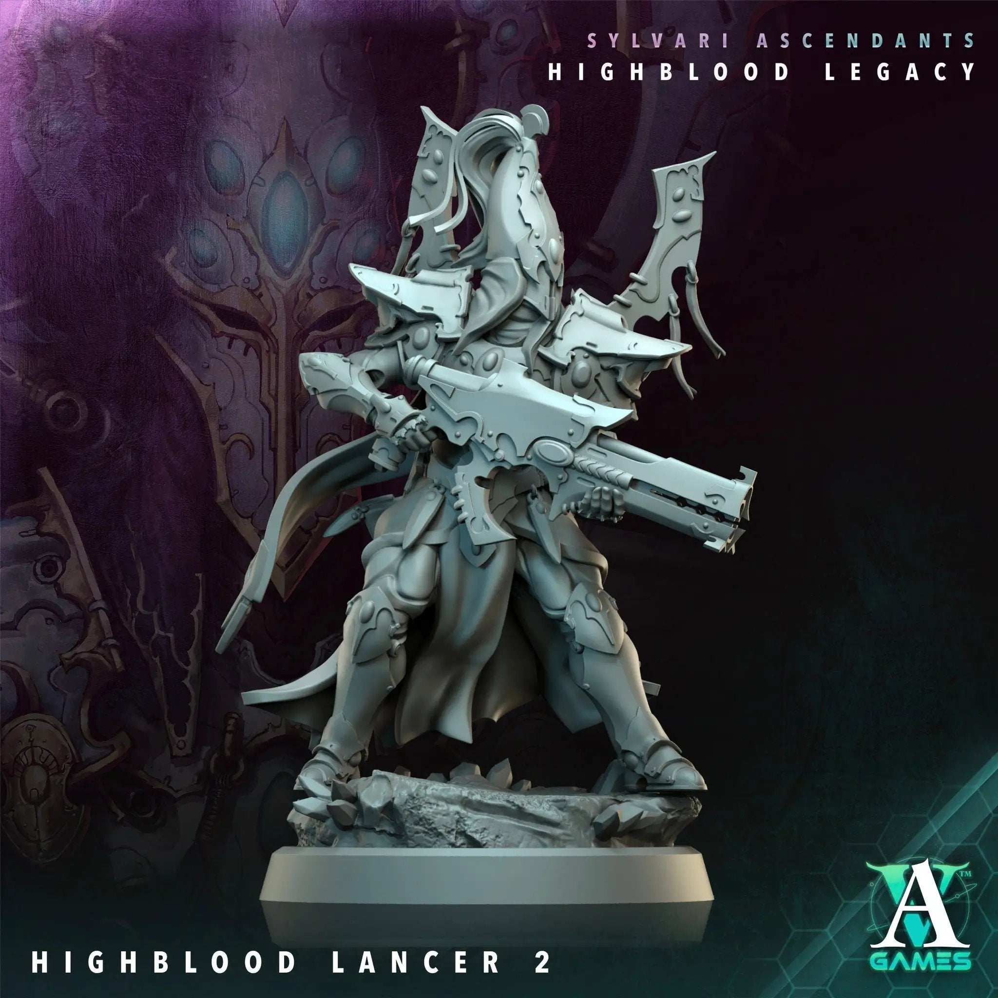 3D printed Highblood Lancer model by Last Hope Miniatures, featuring detailed armor and weaponry from Archvillain Games.