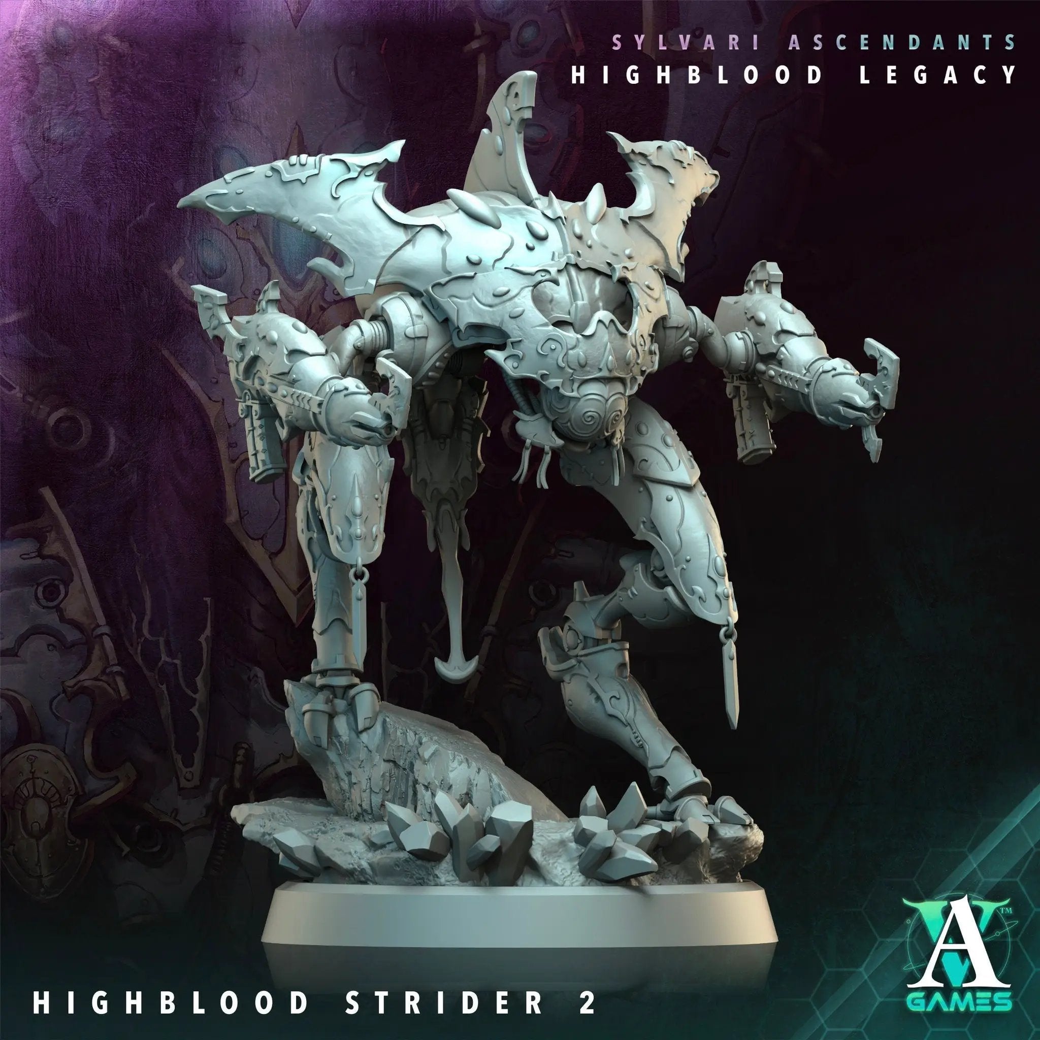 3D printed Highblood Strider model by Last Hope Miniatures, detailed sci-fi creature with armored limbs and intricate textures.