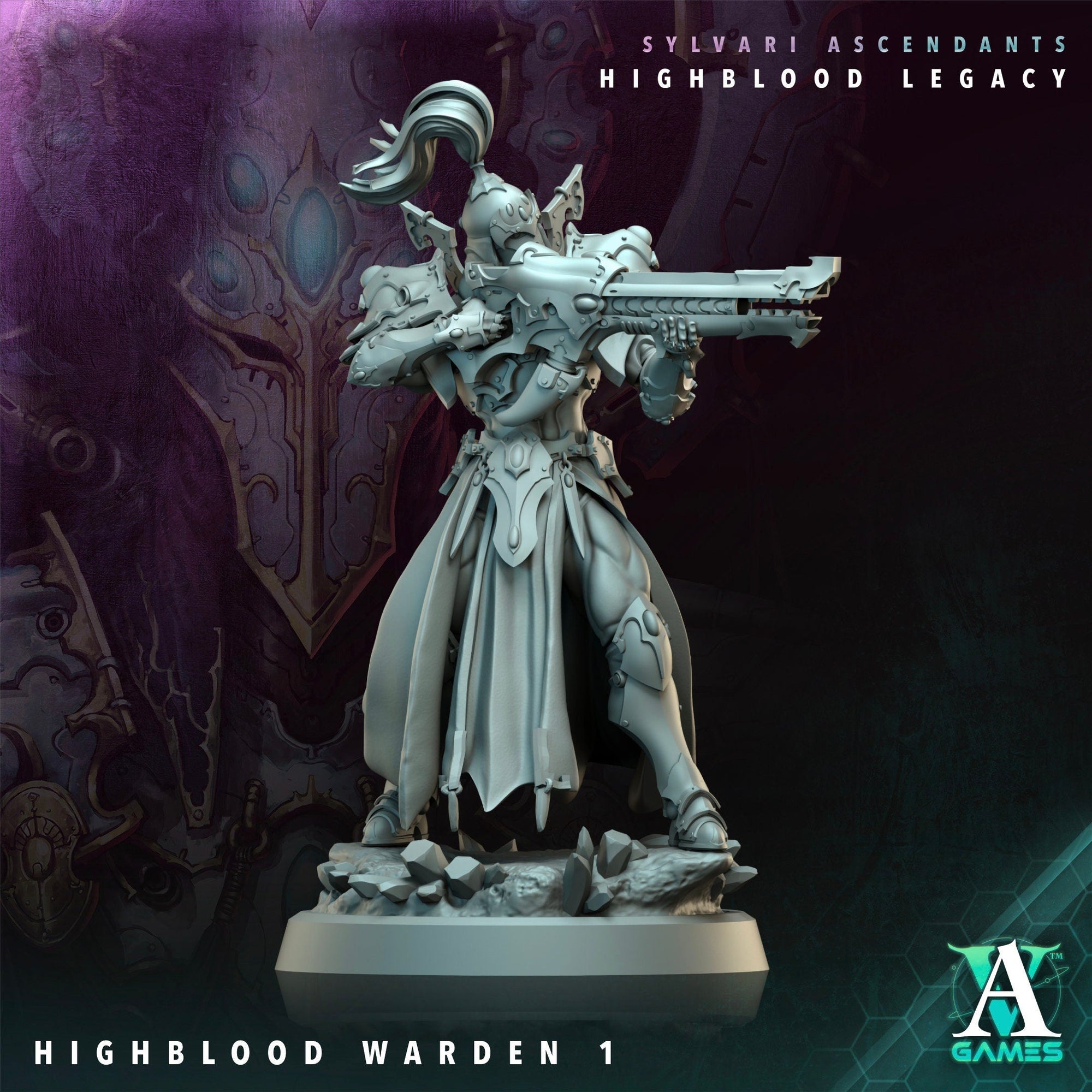 3D printed Highblood Warden model by Last Hope Miniatures, showcasing detailed armor and menacing stance from Archvillain Games.